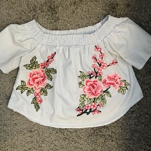 LF seek the label off the shoulder embroidered top